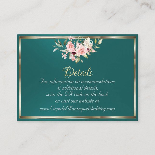 Carte D'accompagnement Blush Floral, QR Code - Teal (Devant)