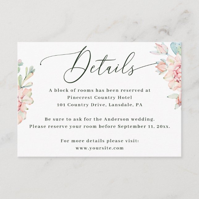 Carte D'accompagnement Blush Floral Wedding Details | Elegant Hotel Block (Devant)