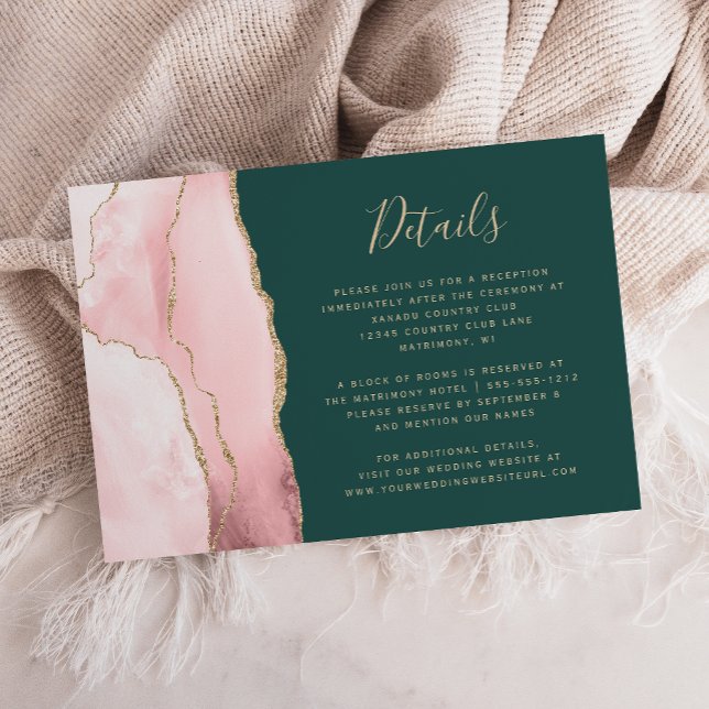 Carte D'accompagnement Blush Gold Agate Emerald Green Détails du Mariage (Créateur téléchargé)