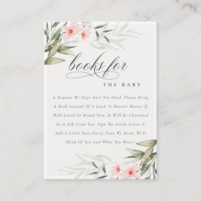 Carte D'accompagnement Blush Greenery Livres floraux pour le Baby shower (Devant)