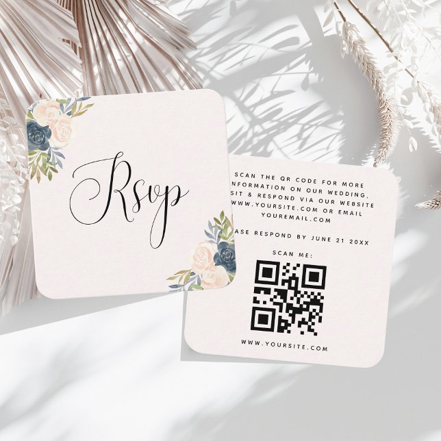 Carte D'accompagnement Blush & Indigo Aquarelle Floral QR Code Mariage (Créateur téléchargé)