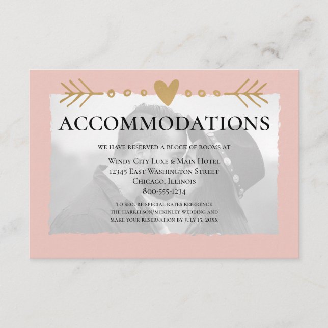 Carte D'accompagnement Blush Modern Photo Gold Hearts Hébergements (Devant)