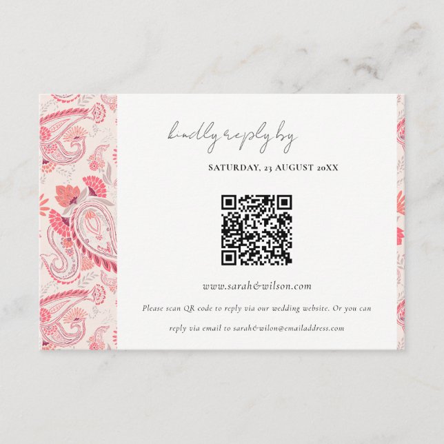 Carte D'accompagnement Blush Paisley Typographie Mariage RSVP QR Code (Devant)