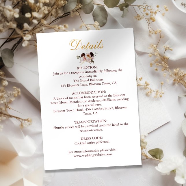 Carte D'accompagnement Blush Peony & Gold Burgundy Floral Détails du Mari (Créateur téléchargé)