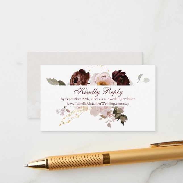 Carte D'accompagnement Blush Peony & Gold Burgundy Site Mariage RSVP (Devant/Arrière en situation)