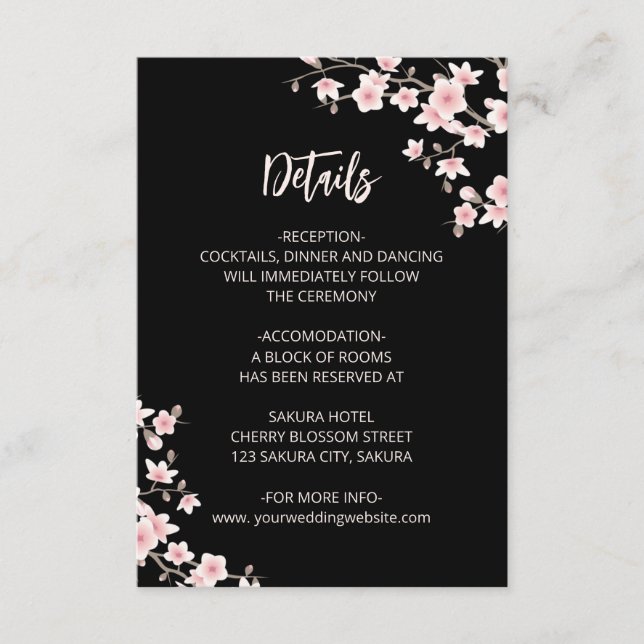 Carte D'accompagnement Blush Pink Cherry Blossoms Black Wedding Details (Devant)