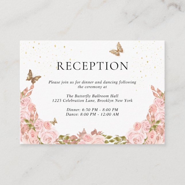 Carte D'accompagnement Blush Pink Floral Gold Butterfly Quinceanera (Devant)