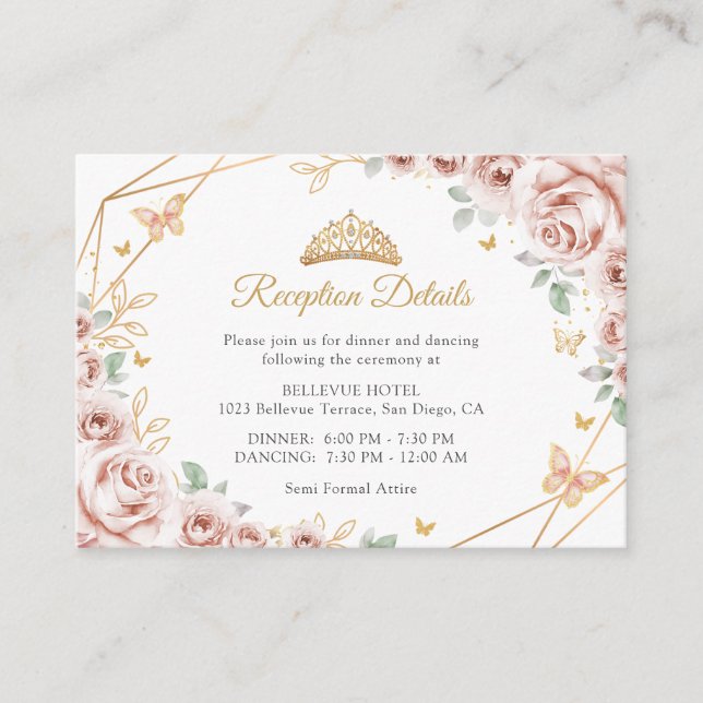 Carte D'accompagnement Blush Pink Gold Floral Quinceanera  Details (Devant)