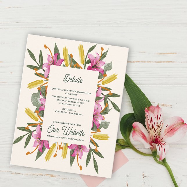 Carte D'accompagnement Blush Pink Lily Botanical Wedding Information (Blush Pink Lily Botanical Wedding Details Card | Romantic Watercolor Floral Information Insert Card)
