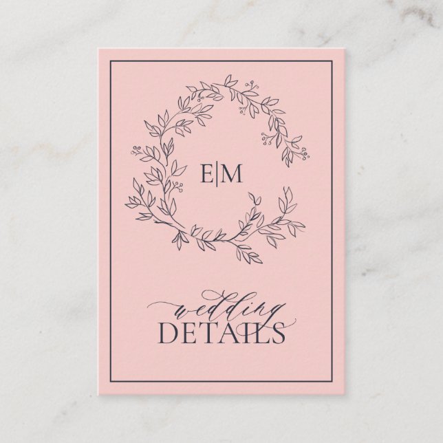 Carte D'accompagnement Blush Pink Navy Blue Monogram Détails du Mariage (Devant)