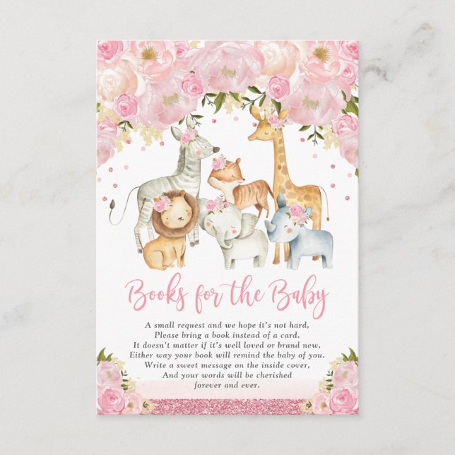 Carte D'accompagnement Blush Rose Floral Safari Animaux Livres pour bébé (Devant)