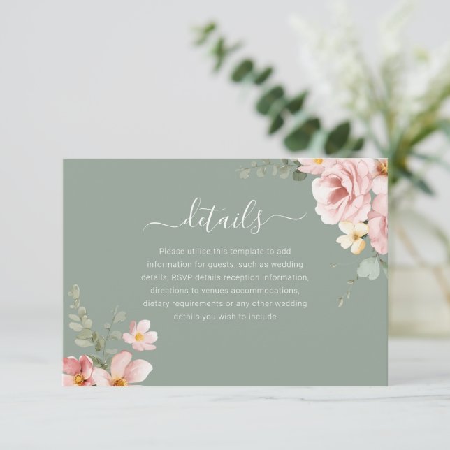 Carte D'accompagnement Blush Sage Green Floral Mariage Détails de la réce (Debout devant)
