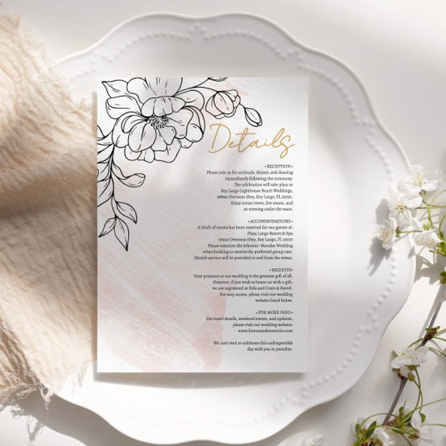 Carte D'accompagnement Blush Watercolor & Black Floral Elegant Details (Blush Watercolor & Black Floral Elegant Details Enclosure Card)