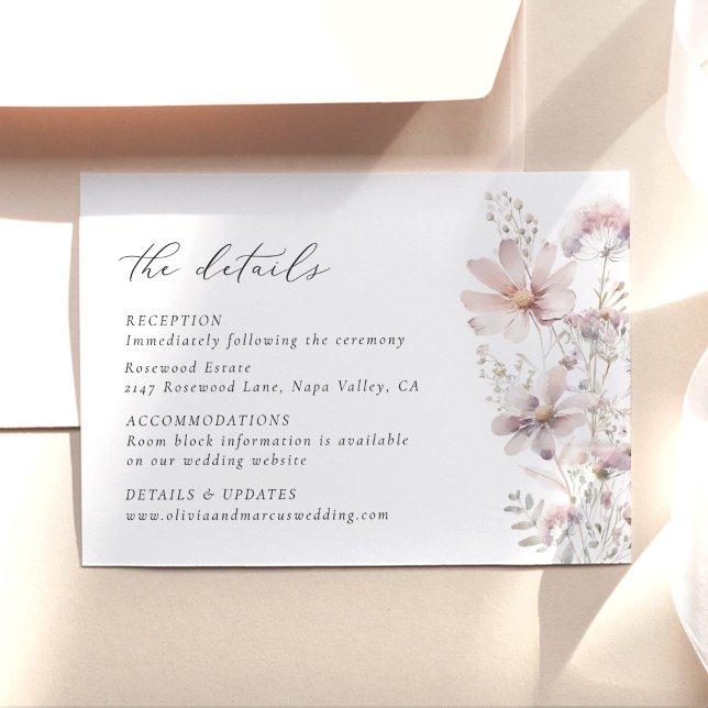Carte D'accompagnement Blush Wildflower Floral Wedding Details (Blush wildflower wedding details card with elegant serif type and soft floral design)