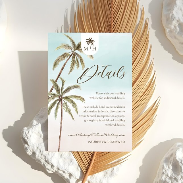 Carte D'accompagnement Bohemian Tropical Palm Trees Mariage Détails du cl (Bohemian Tropical Palm Trees Wedding Guest Details Enclosure Card)