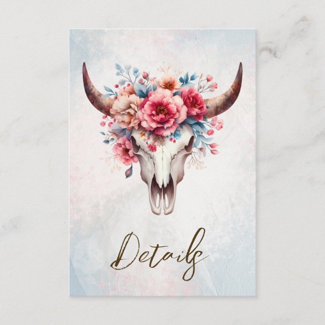 Carte D'accompagnement Boho Aquarelle Floral Vache Crâne Mariage QR code (Devant)