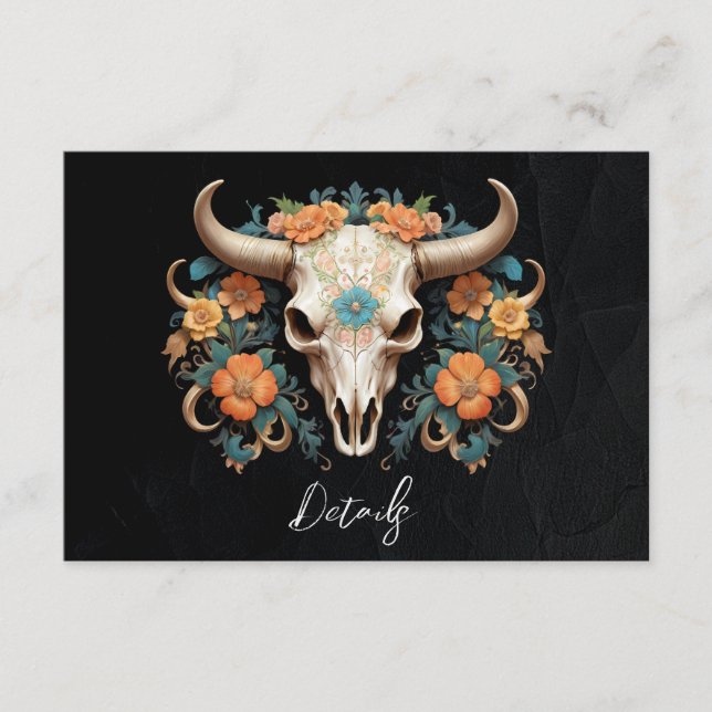 Carte D'accompagnement Boho Aquarelle Floral Vache Crâne Mariage QR code (Devant)