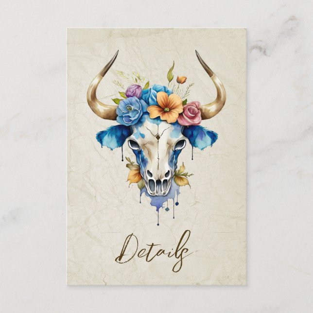 Carte D'accompagnement Boho Aquarelle Floral Vache Crâne Mariage QR code (Devant)
