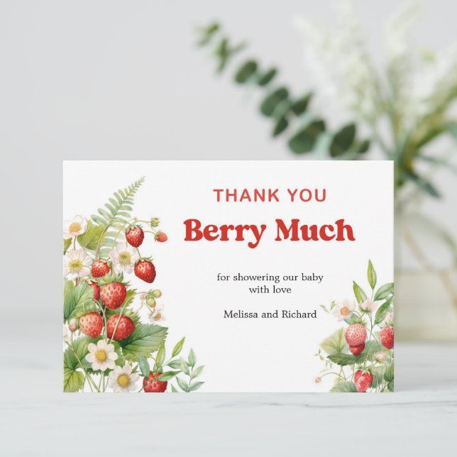 Carte D'accompagnement Boho Baby shower fraise Berry Merci doux (Debout devant)