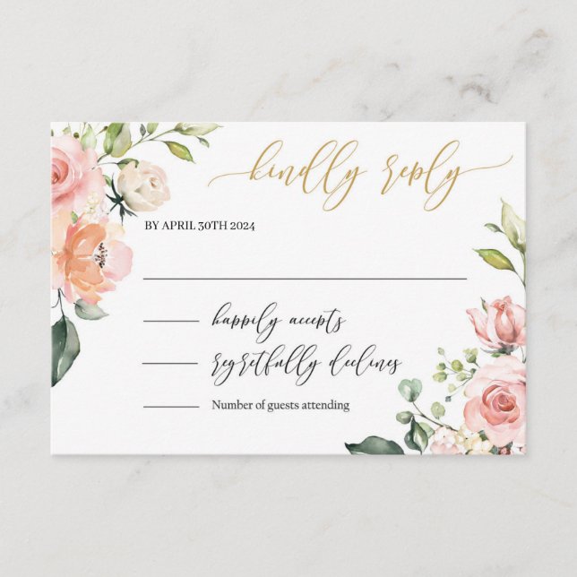 Carte D'accompagnement Boho bleu rose floral lettres or mariage rsvp (Devant)
