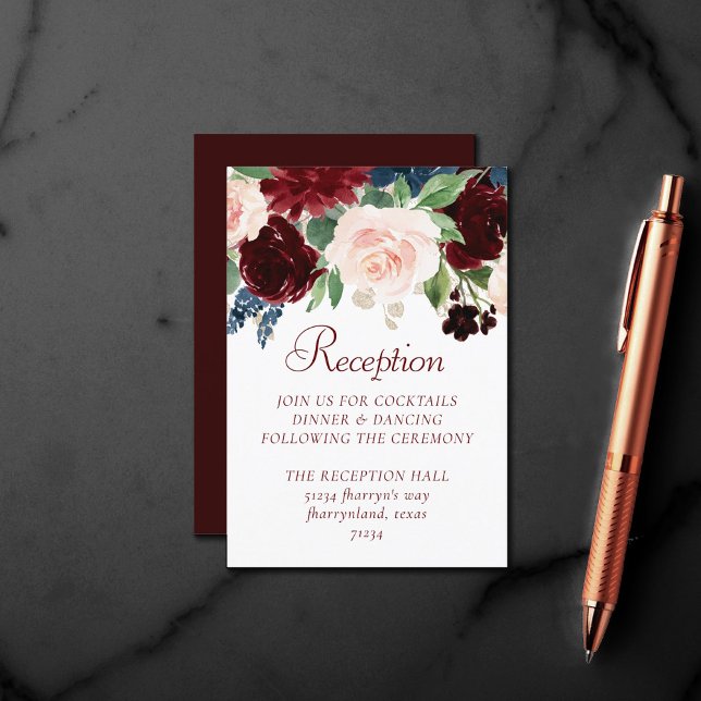 Carte D'accompagnement Boho Bloom | Elégante Marsala Rouge Floral Gold Fr (Créateur téléchargé)