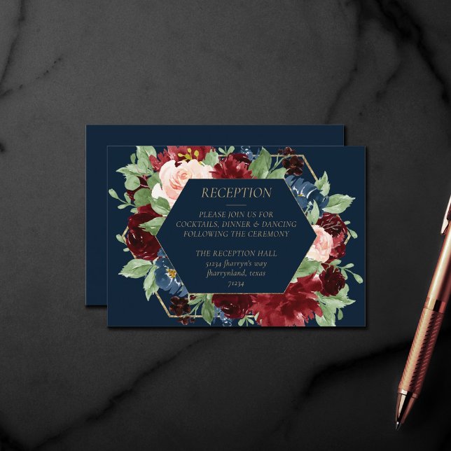 Carte D'accompagnement Boho Blooms | Dark Navy et réception Bourgogne (Créateur téléchargé)