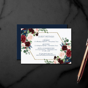 Carte D'accompagnement Boho Blooms Rustic Navy et Burgundy Guest Info