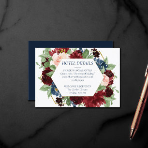 Carte D'accompagnement Boho Blooms Rustic Navy et Burgundy Hotel Info
