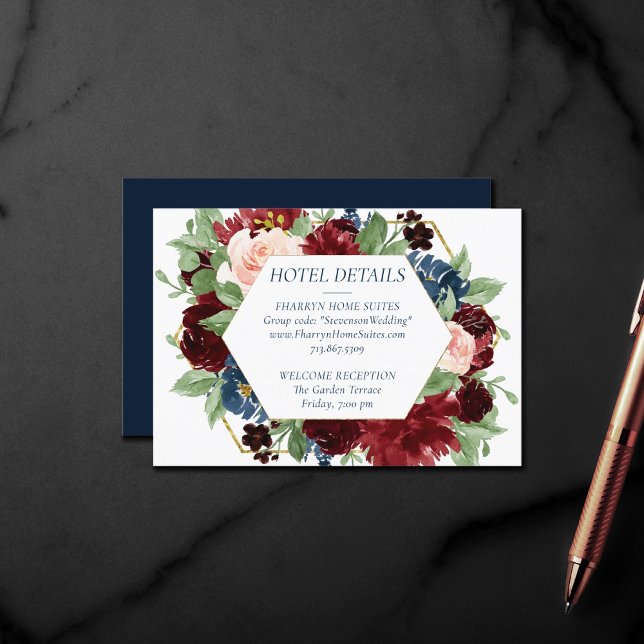 Carte D'accompagnement Boho Blooms | Rustic Navy et Burgundy Hotel Info (Créateur téléchargé)