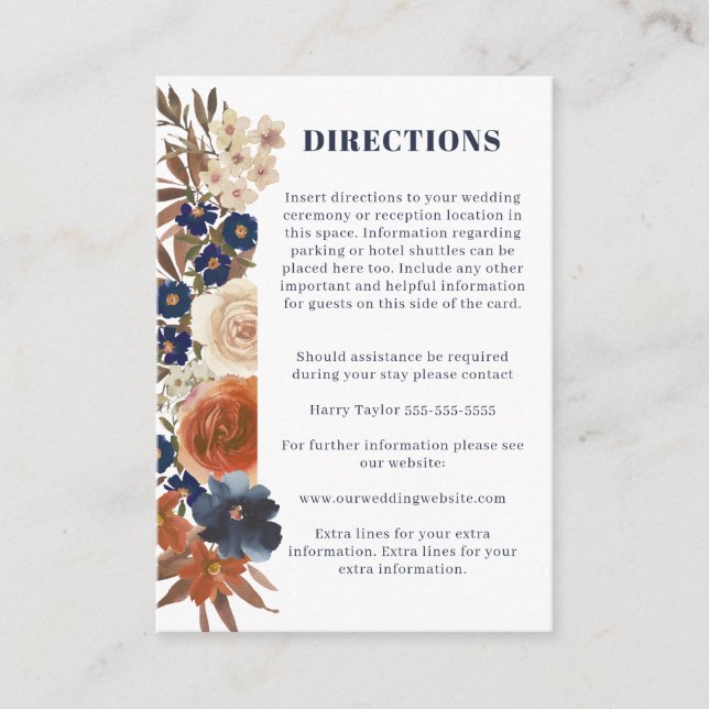 Carte D'accompagnement Boho Blue Rust Floral Reception Directions Mariage (Devant)