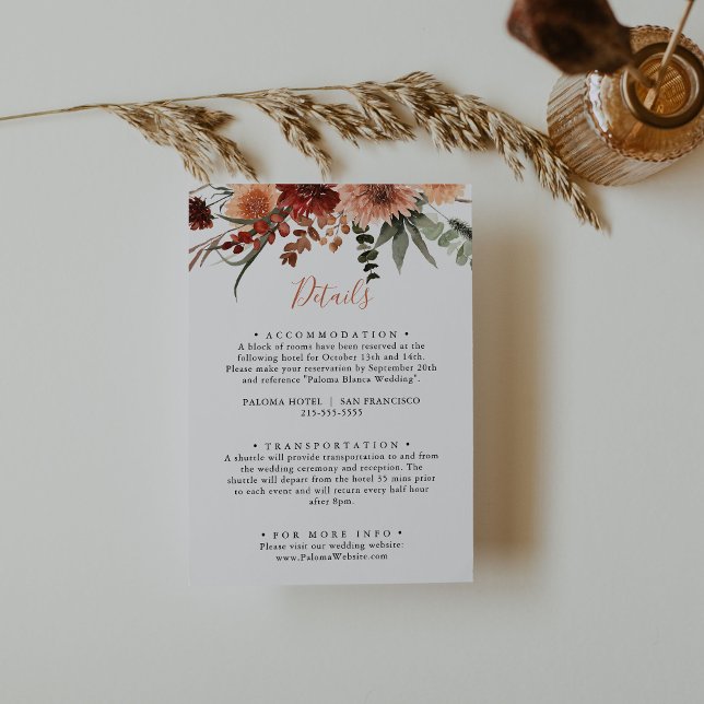Carte D'accompagnement Boho Botanique Automne Floral Détails du Mariage (Créateur téléchargé)