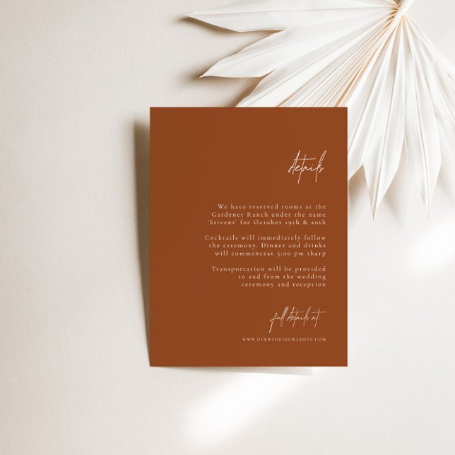 Carte D'accompagnement Boho Brunt Orange Elegant Minimal Détails Mariage (Boho Brunt Orange Elegant Minimal Wedding Details Enclosure Card)