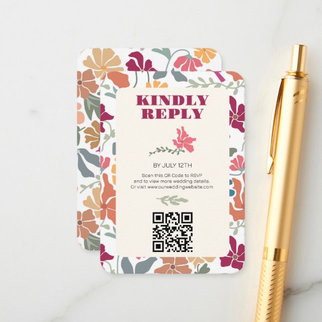 Carte D'accompagnement Boho Chic Floral Mariage Rétro Milieu de Siècle (Devant/Arrière en situation)