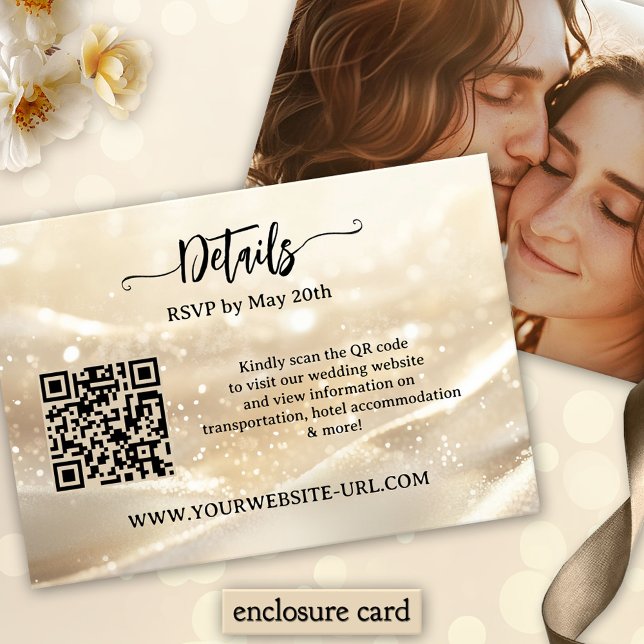 Carte D'accompagnement Boho Chic Gold Sparkling Élégant Mariage (Elegant boho chic wedding enclosure card featuring an abstract gold sparkle design, photo + QR code)
