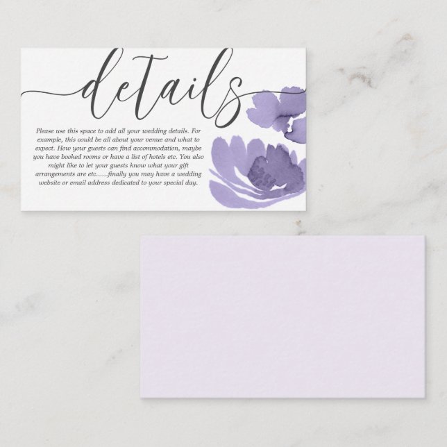 Carte D'accompagnement Boho Chic Purple Floral Aquarelle Détails du Maria (Devant / Derrière)