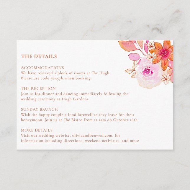 Carte D'accompagnement Boho Chic rose Orange Floral Mariage (Devant)