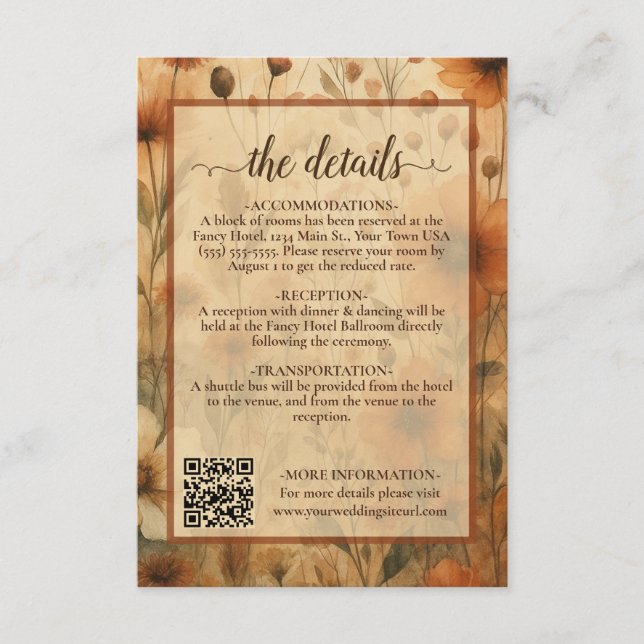 Carte D'accompagnement Boho Chic Sienne Détails de mariage floral Code QR (Devant)