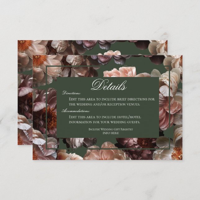 Carte D'accompagnement Boho Dark Peony Flower Moderne Détails du Mariage (Devant / Derrière)