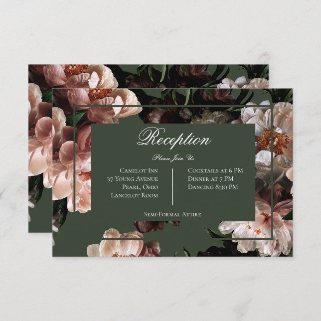 Carte D'accompagnement Boho Dark Peony Flowers Mariage Réception (Devant / Derrière)