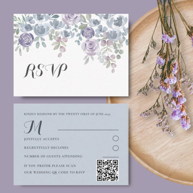 Carte D'accompagnement Boho Dusty Blue & Purple Floral Wedding RSVP (Créateur téléchargé)