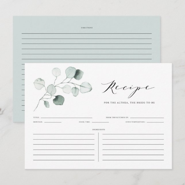 Carte D'accompagnement Boho Dusty Green Eucalyptus Feuille Douche Recette (Devant / Derrière)