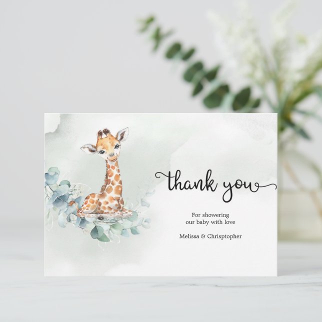 Carte D'accompagnement Boho eucalyptus verdure couronne bébé girafe (Debout devant)