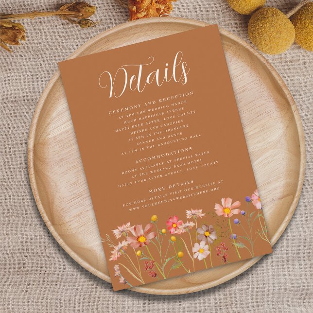 Carte D'accompagnement Boho Fall Floral Terracotta Détails du Mariage (Terracotta boho fall floral wedding details card watercolor wildflowers elegant modern script)