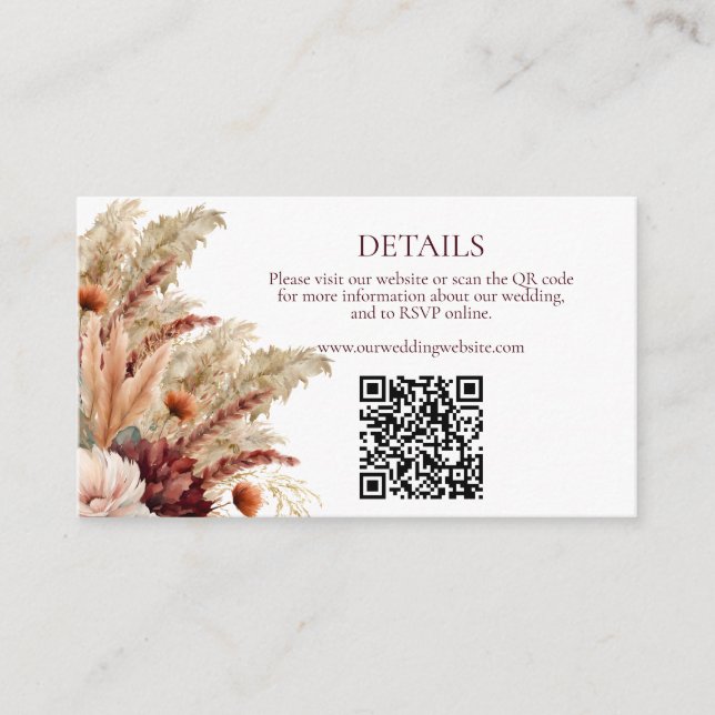 Carte D'accompagnement Boho Fall Florals Pampas Grass Détails Mariage QR (Devant)