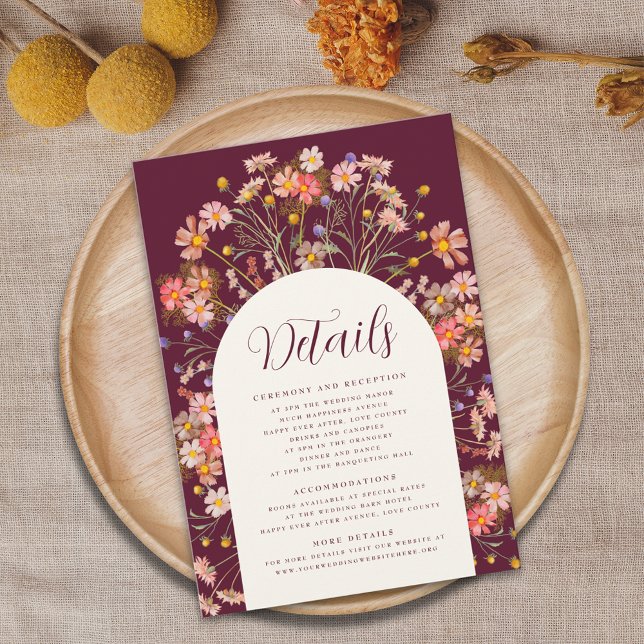 Carte D'accompagnement Boho Fall Rustic Floral Arch Détails du Mariage (Burgundy boho fall rustic floral arch wedding details enclosure card Romantic elegant script )