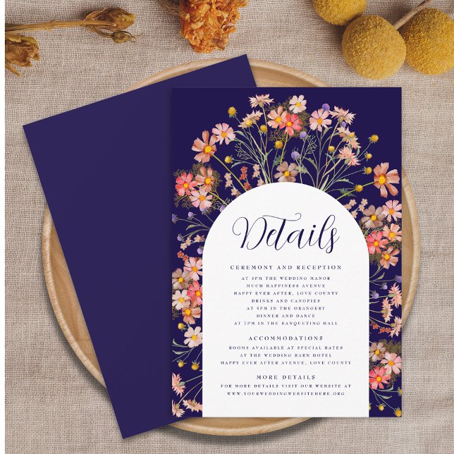 Carte D'accompagnement Boho Fall Rustic Floral Navy Blue Détails du Maria (Boho rustic floral arch navy blue and white wedding details enclosure card Autumn watercolors)