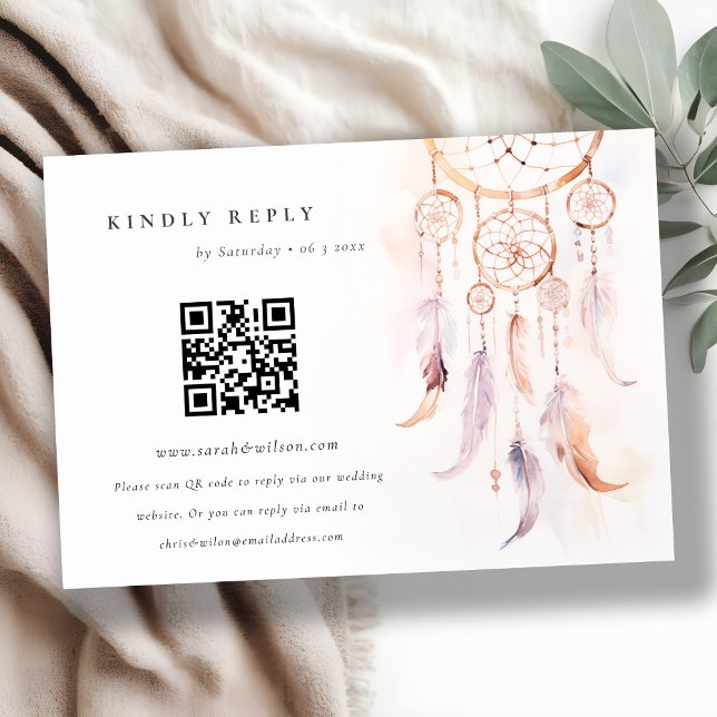 Carte D'accompagnement Boho Feather Dreamcatcher Wedding RSVP QR Code (Créateur téléchargé)