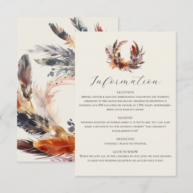 Carte D'accompagnement Boho Feathers Fall Wreath Calligraphy Mariage (Devant / Derrière)