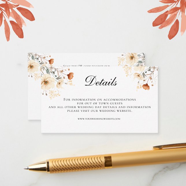 Carte D'accompagnement Boho Fleur sauvage Beige QR code Mariage Détails (Boho Wildflowers in shades of beige rust and terracotta Wedding details enclosure card)
