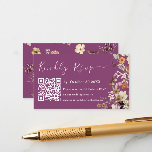 Carte D'accompagnement Boho Fleur sauvage Rustic Berry Violet Mariage Rsv (Devant/Arrière en situation)